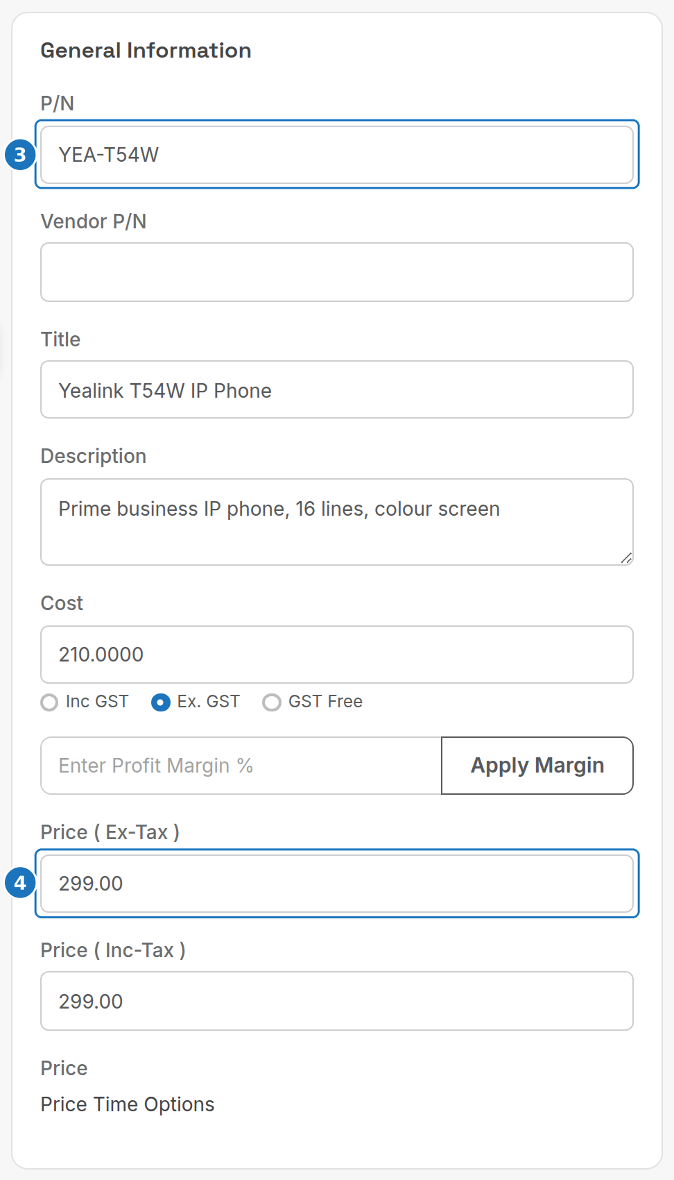 General Information card of the product form