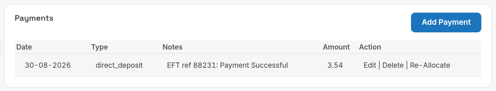 Payments panel showing the recorded payment