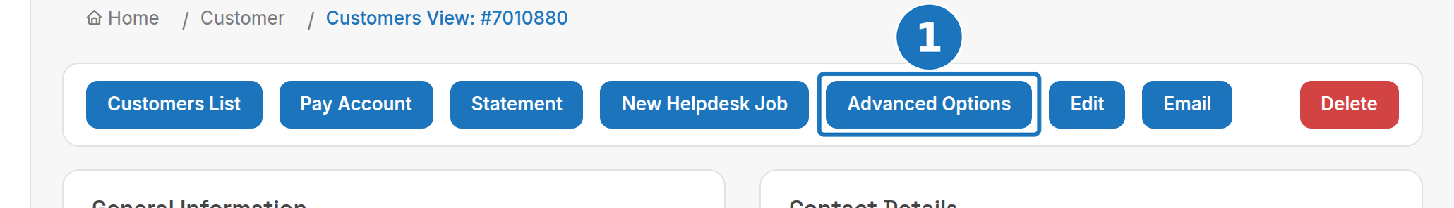 Customer action bar with Advanced Options highlighted