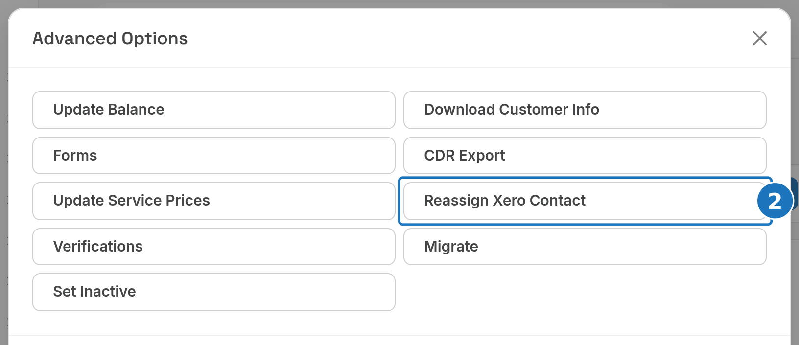 Advanced Options with Reassign Xero Contact highlighted