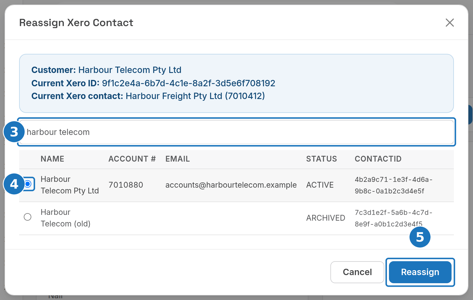 Reassign Xero Contact window with a contact selected