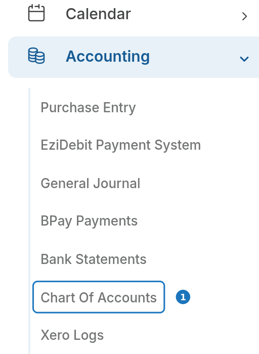 Accounting menu with Chart Of Accounts highlighted