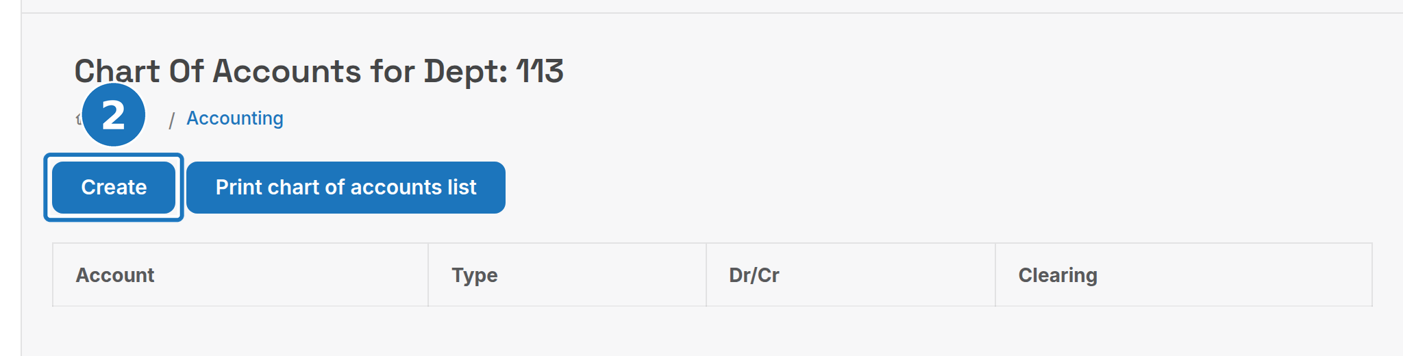 Chart Of Accounts list with the Create button