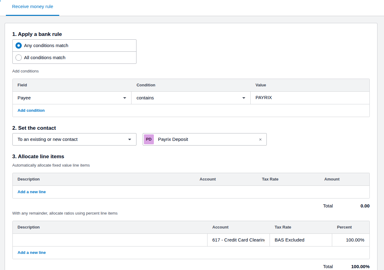 Xero receive money rule for a gateway settlement