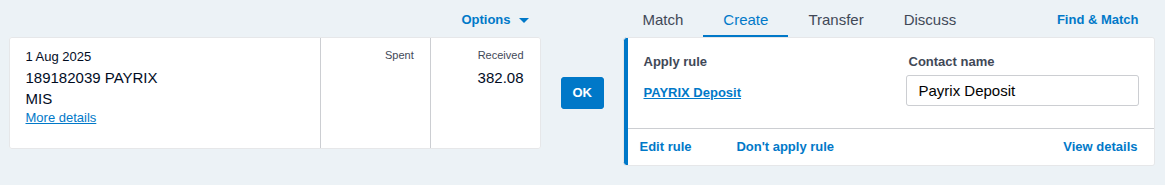 Xero bank feed line with the rule applied