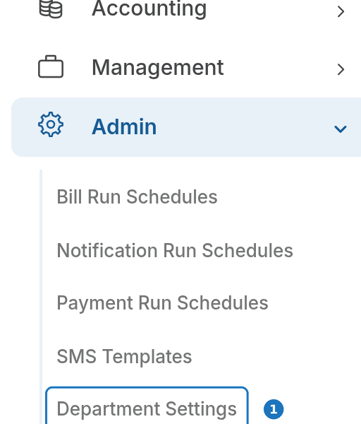 Admin menu with Department Settings highlighted