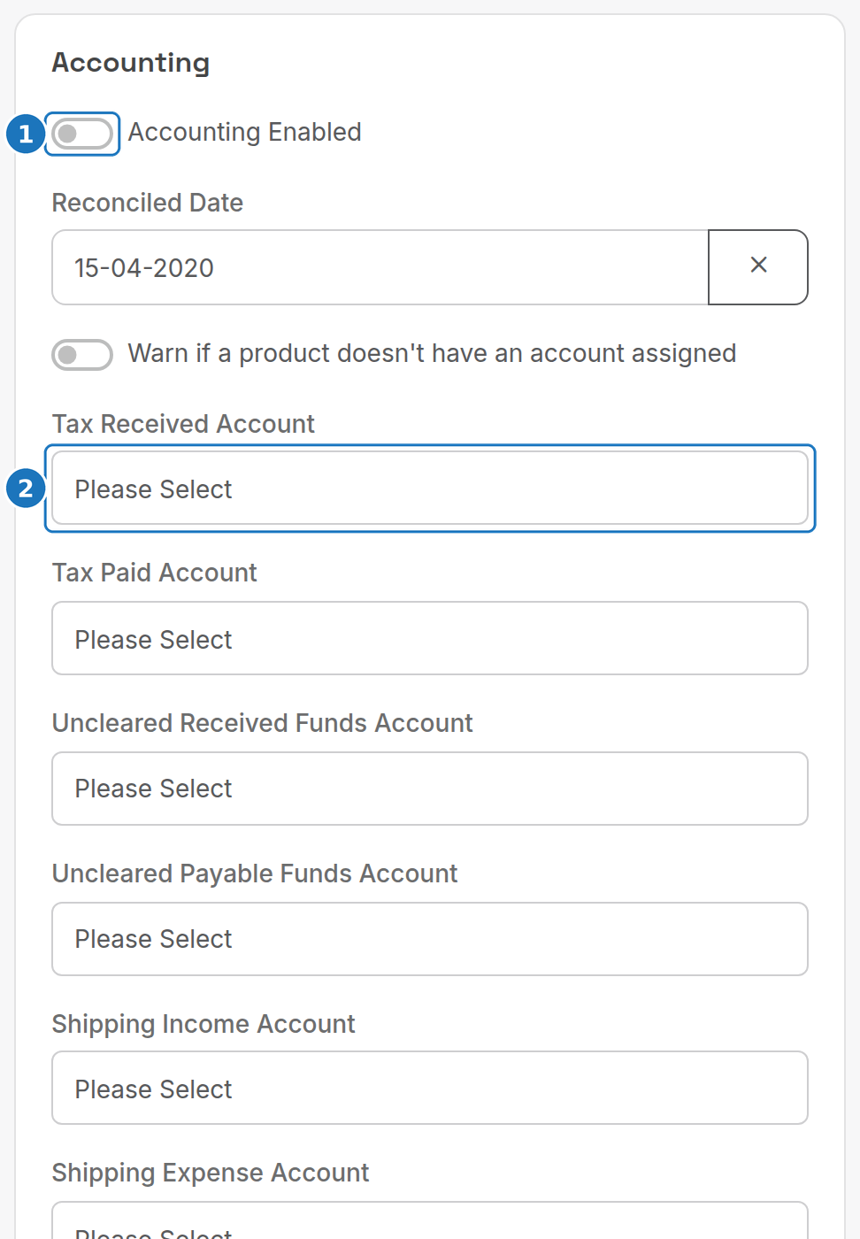 Accounting card with GL account fields