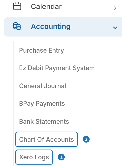 Accounting menu with Xero Logs and Chart Of Accounts highlighted