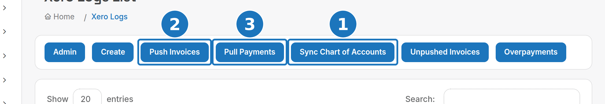 Xero Logs action bar