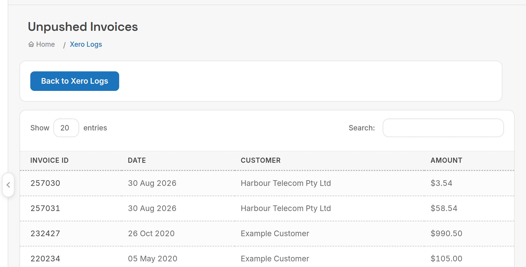 Unpushed Invoices list